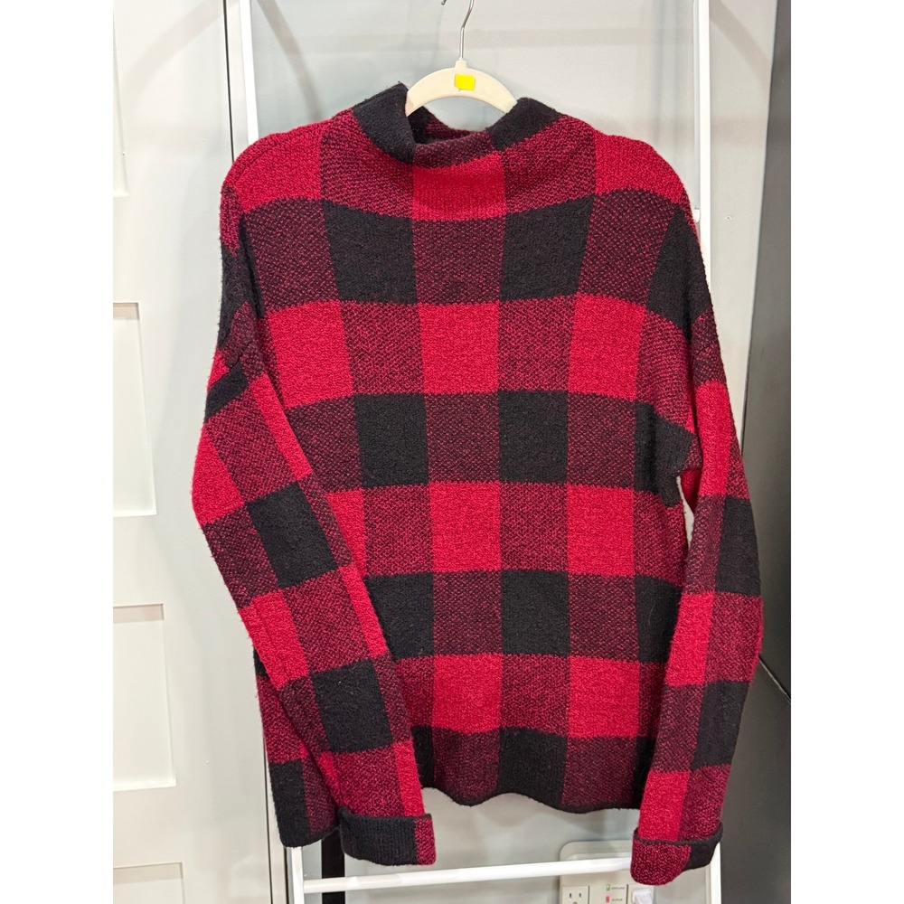 Tahari Red Black Buffalo Plaid Mock Neck Wool Blend Sweater Womens M Lumberjack